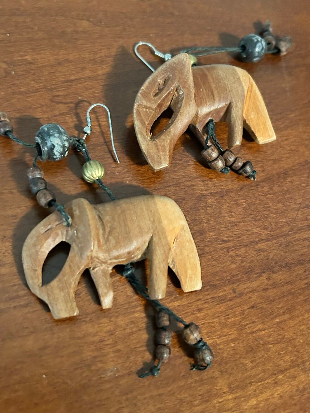 Vintage Hand Carved Wood Elephant  Earrings Brown Boho Tribal Drop Artisanal